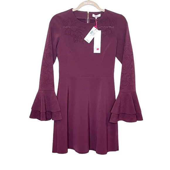 PARKER Orlando Laser Cut Bell Ruffle long Sleeve Dress Raisin Sheath Red 0 New - Picture 2 of 14